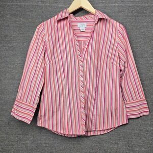 Ann Taylor Loft Womens Small Pink Orange Striped 100% Cotton Button Down Shirt